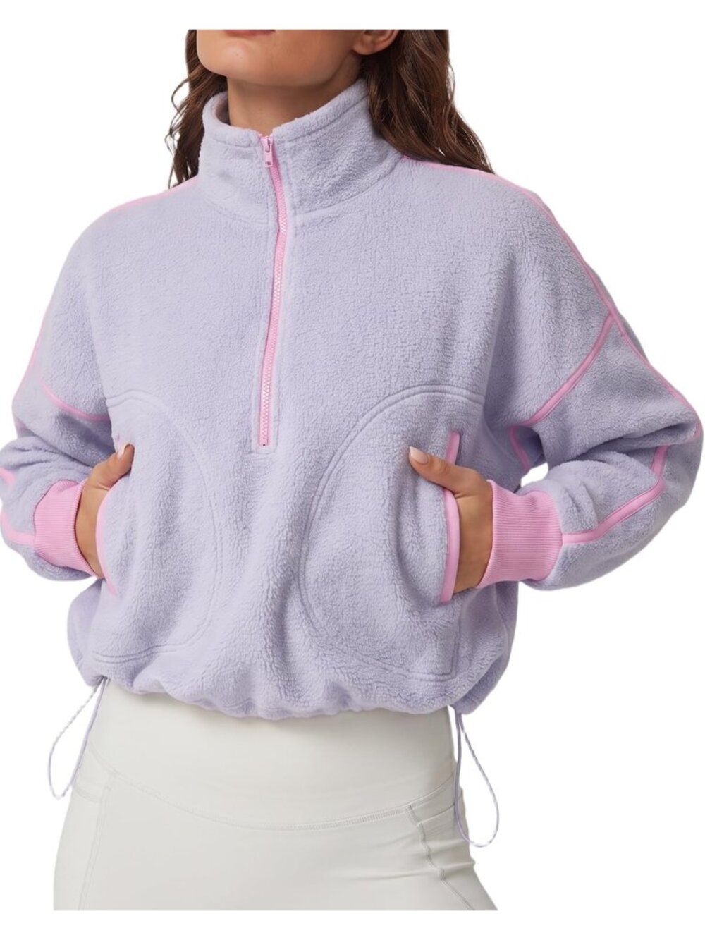 Women Light Purple Fleece Half-Zip Cropped Drawstring Hem Cozy Sherpa Sweatshirt